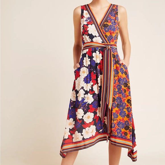 Anthropologie Dresses & Skirts - Anthropologie Maeve Cassandra Floral Midi Dress with Striped Waist Tie Pockets